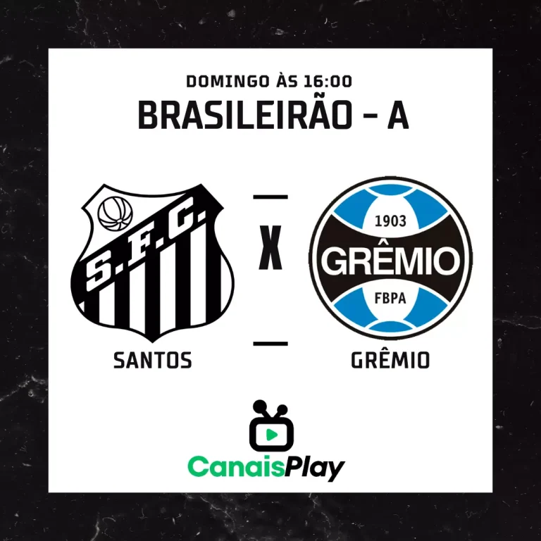 Santos x Grêmio ao vivo aqui no Canais Play! Essa partida pela 20ª rodada do Campeonato Brasileiro Série A de 2023, nesse domingo (20), às 16h (horário de Brasília), no estádio da Vila Belmiro. Todos os jogos do Brasileirão 2023, aqui no Canais Play!