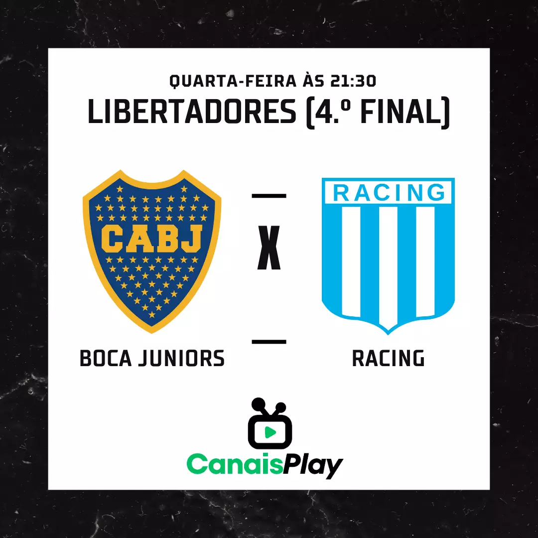 Boca Juniors x Racing ao vivo aqui no Canais Play! Confrontarão-se na noite de quarta-feira, 23 de agosto, às 21h30 (horário de Brasília), no jogo inaugural das quartas de final da Libertadores 2023. Para assistir todos os jogos da Libertadores, acesse Canais Play!